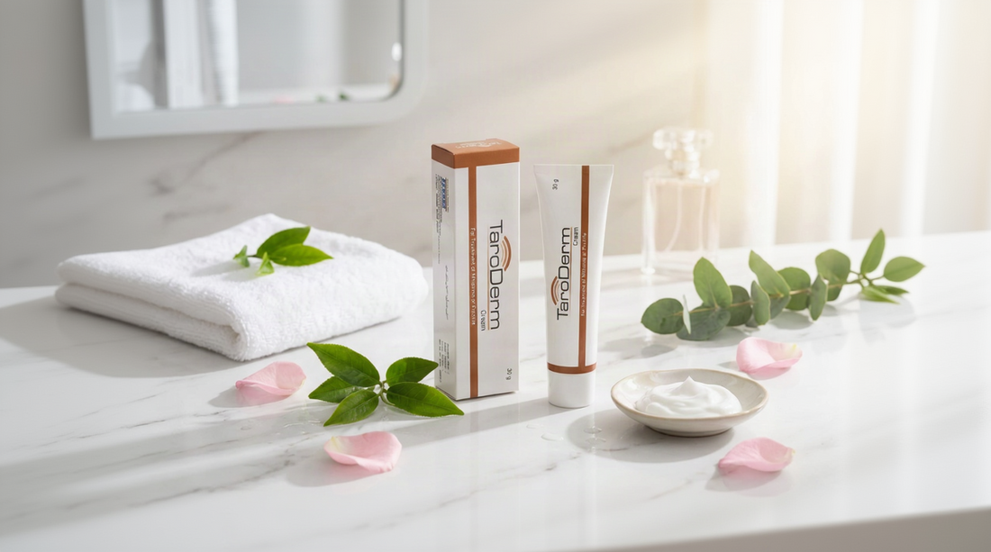 TaroDerm Cream on a marble vanity, best melasma cream in Pakistan for dark spots and freckles